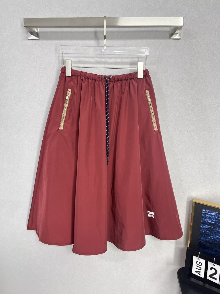 Miu Miu Red A-Line Midi Skirt With Gold Zip Pockets